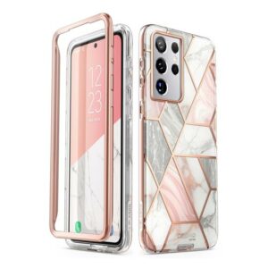 Mooie telefoonhoesje COSMO 360° Backcover Hoesje Met Screen Protector Samsung S21 Ultra - Marble Wit 1