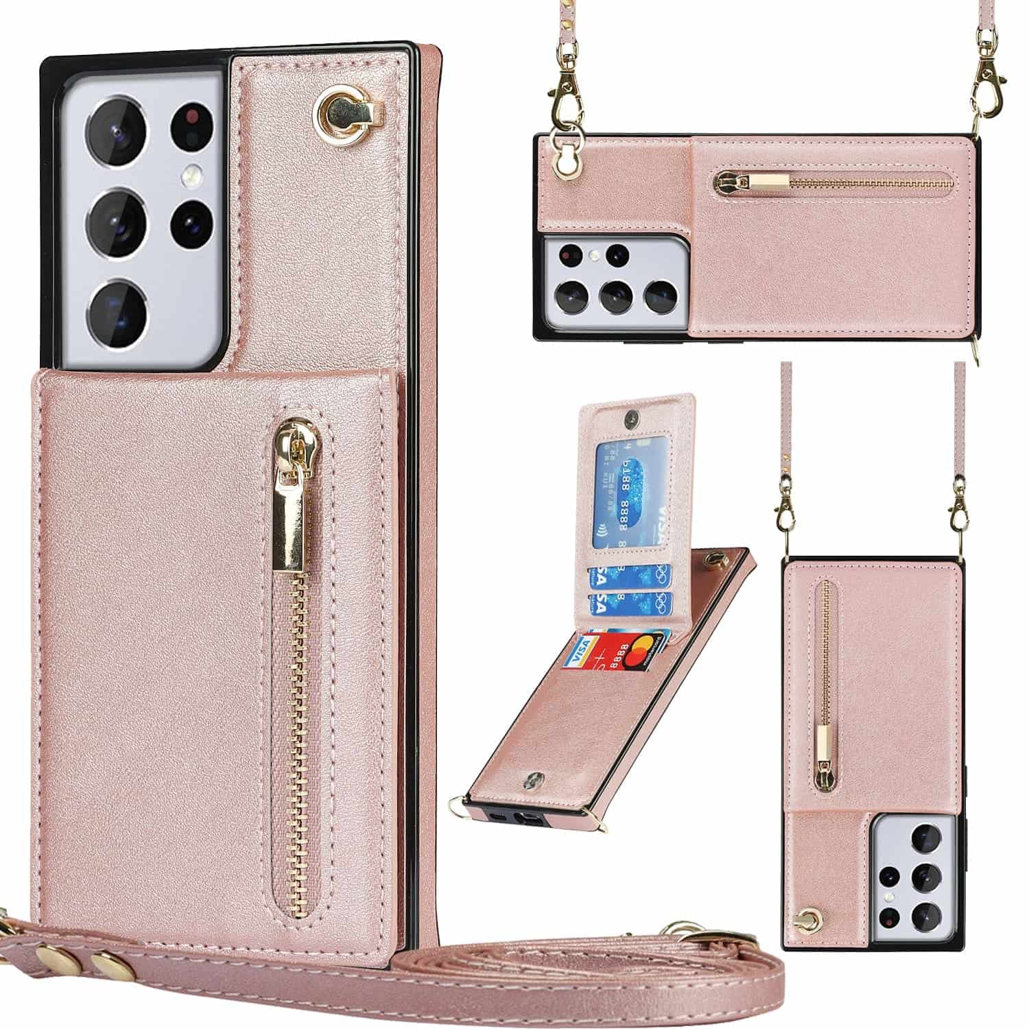 Solidenz Fashion Wallet Hoesje met Koord Samsung Galaxy S21 Ultra - Rosegoud Main Image