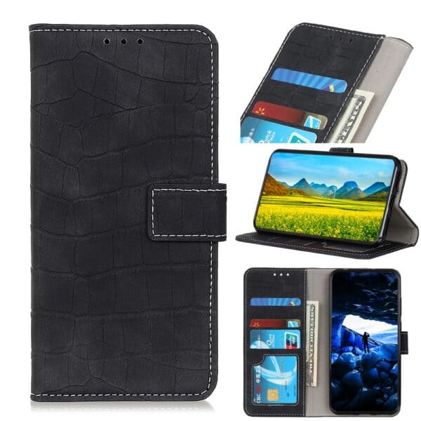 Krokodillenprint Bookcase Hoesje Samsung S22 Plus - Zwart