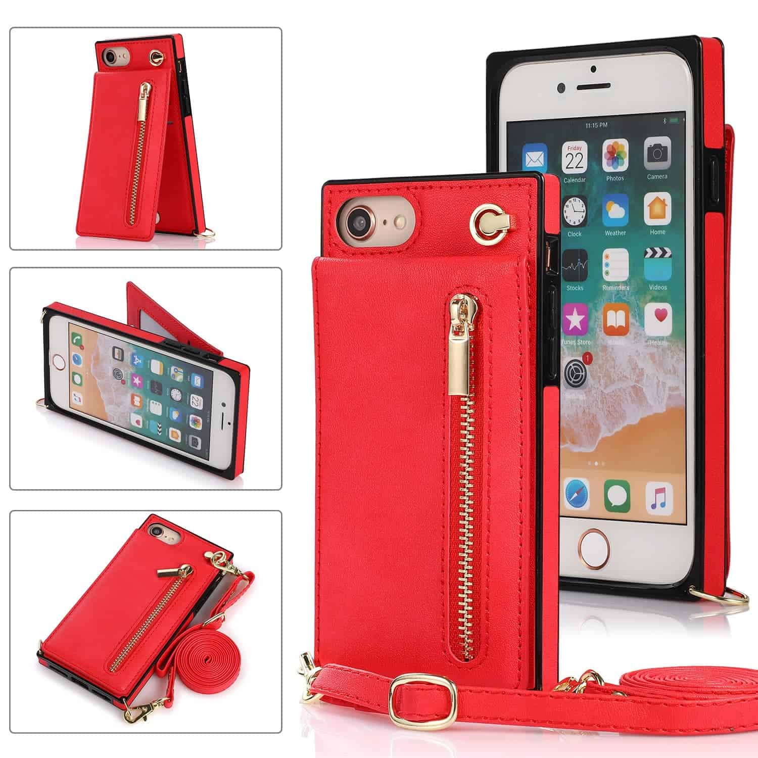 Solidenz Fashion Wallet hoesje met koord iPhone SE 2022 - SE 2020 - iPhone 8 - Rood Main Image