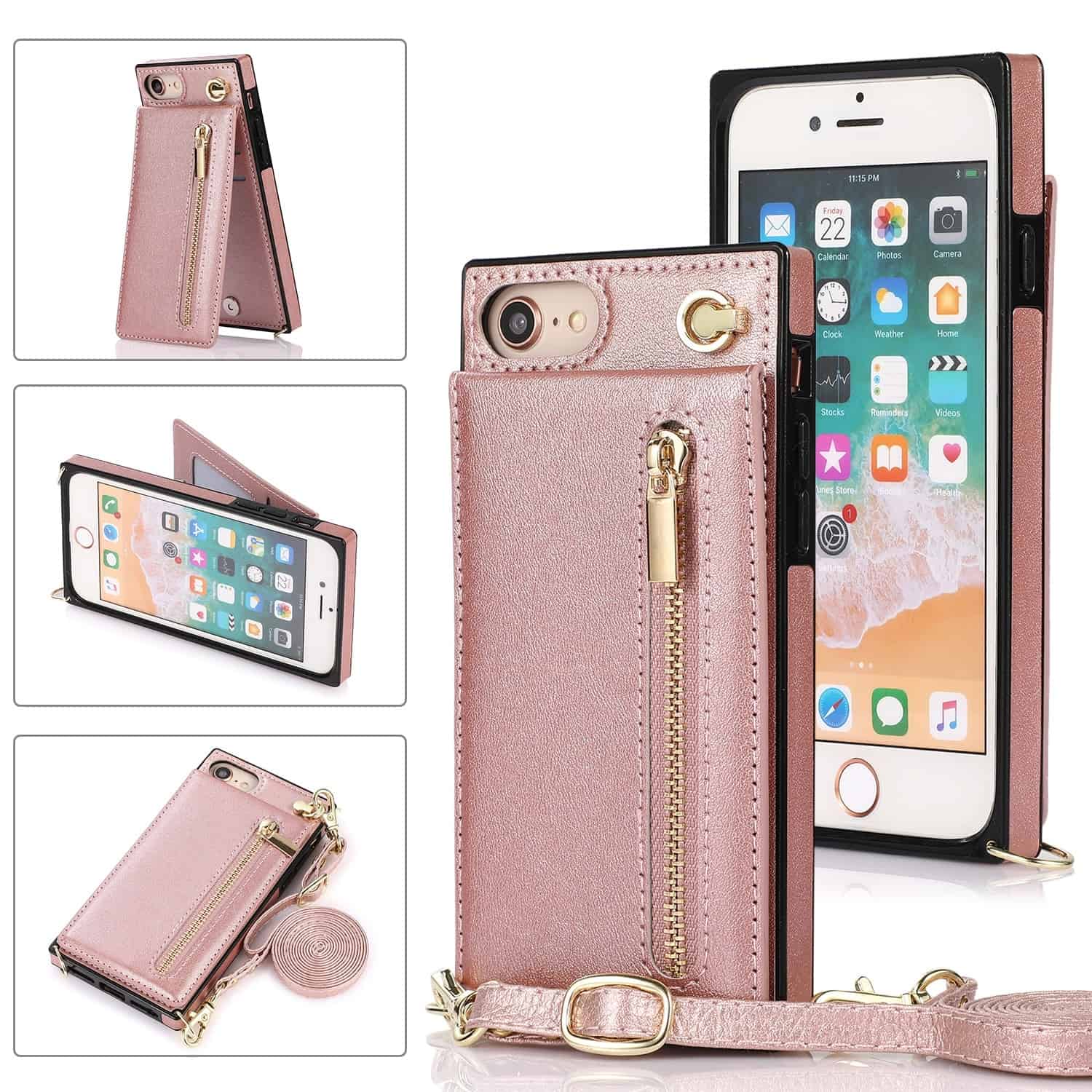 Solidenz Fashion Wallet hoesje met koord iPhone SE 2022 - SE 2020 - iPhone 8 - Roségoud Main Image