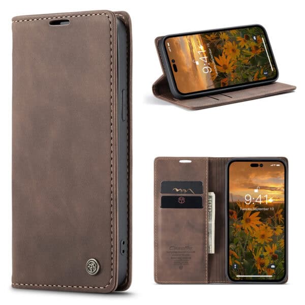 Caseme retro bookcase iPhone 14 Pro Max hoesje - Koffie