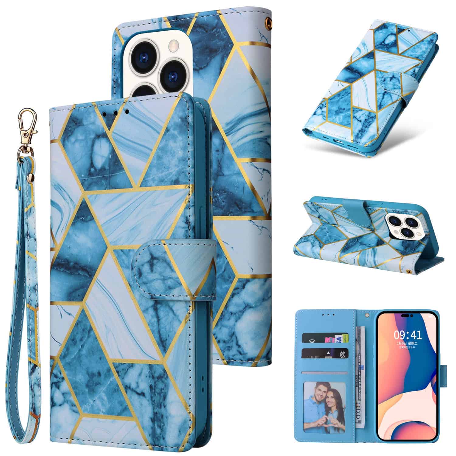 Marmer bookcase iPhone 14 Pro hoesje - Blauw Main Image