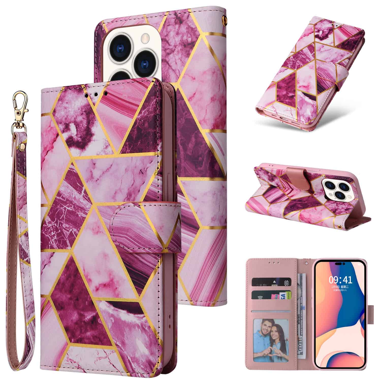 Marmer bookcase iPhone 14 Pro Max hoesje - Paars Main Image