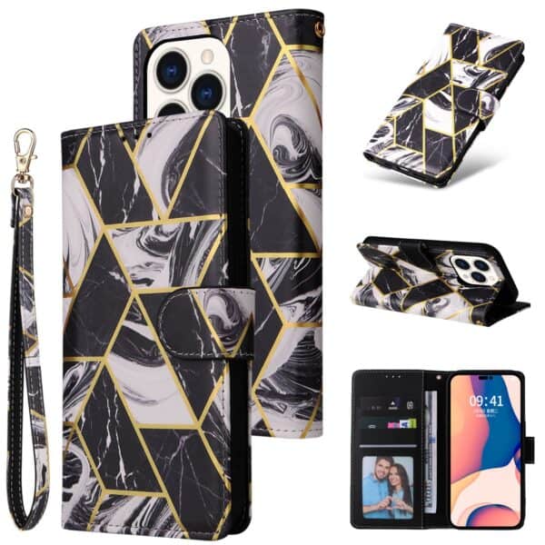 Marmer bookcase iPhone 14 Pro hoesje - Zwart