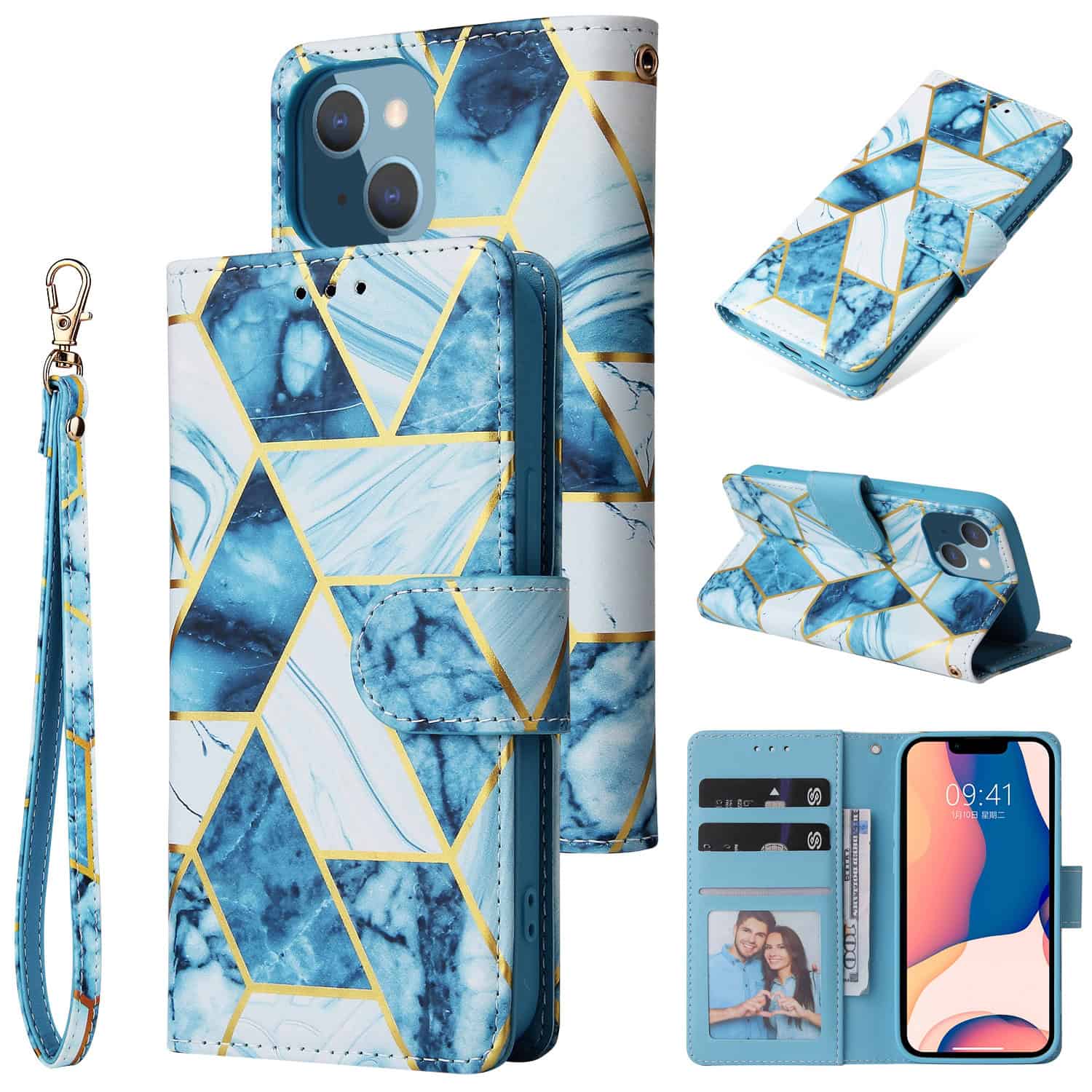 Marmer bookcase iPhone 14 Plus hoesje - Blauw Main Image