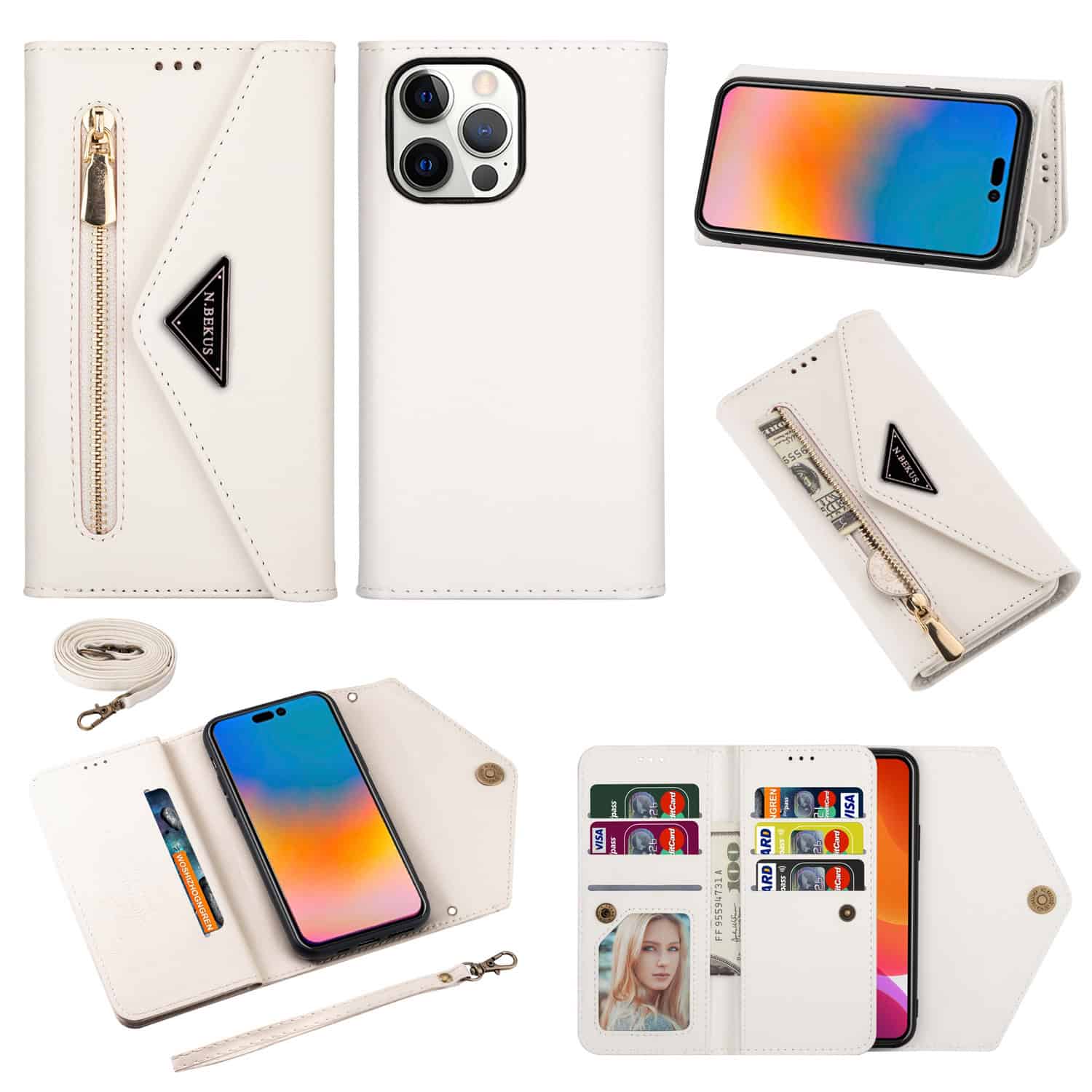 iPhone 14 Pro Fashion wallet hoesje cross body - Wit Main Image