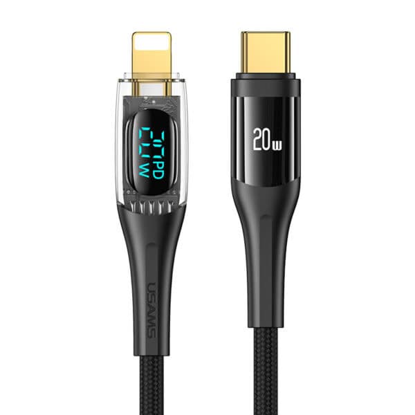 USAMS 20W USB-C naar Lightning kabel 1.2m - Digitaal Display - Zwart