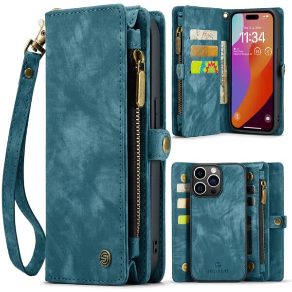 iPhone 15 Pro Max hoesje Solidenz wallet met rits en koord blauw