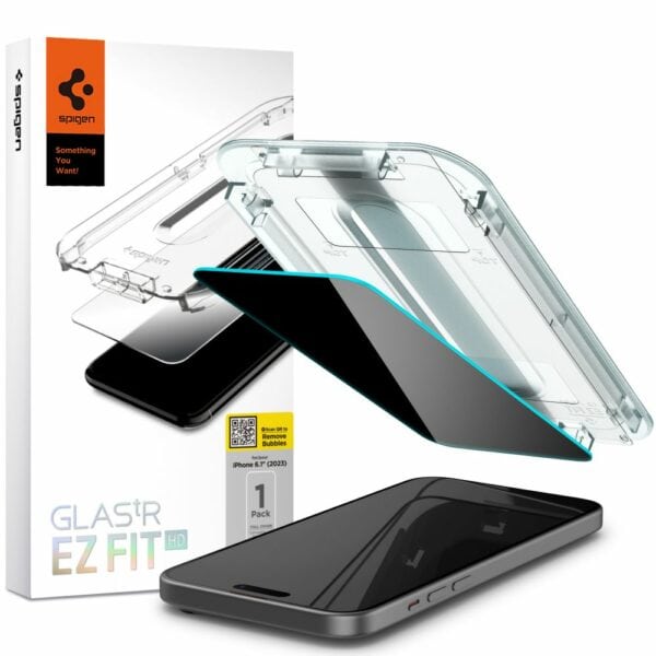 Spigen EZ Fit Privacy Screen protector iPhone 15 met installatie tools