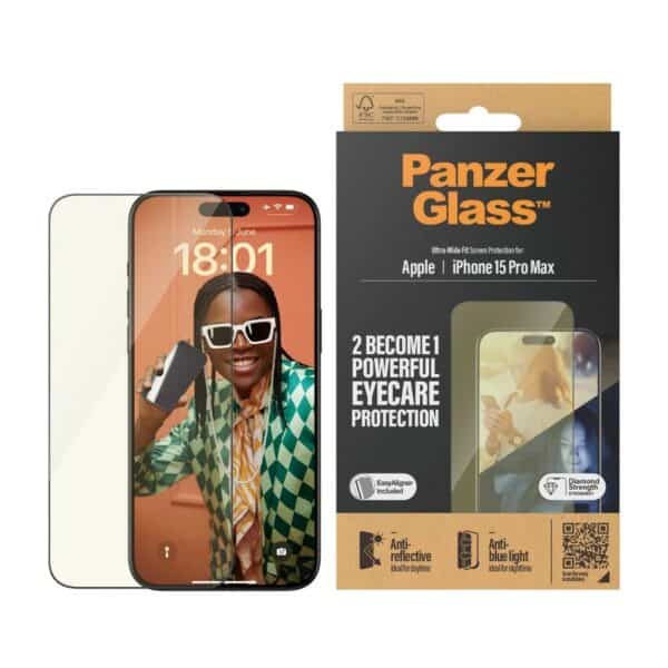 PanzerGlass Ultra-Wide Fit iPhone 15 Pro Max - 2in1 Screen Protection Anti-reflective en Anti-Blue Light