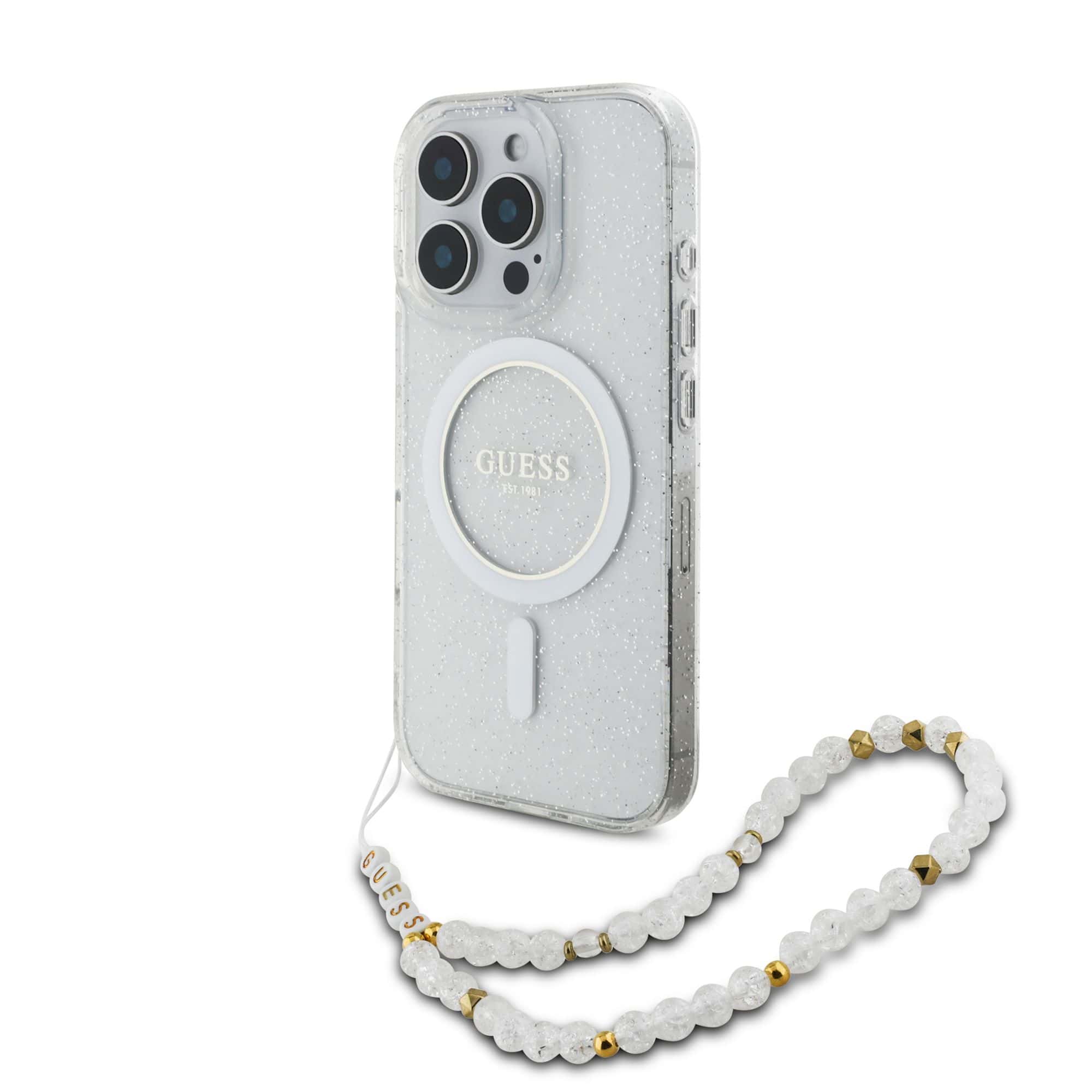 Guess IML Glitter Beads iPhone 16 Pro Max hoesje met polskoord en MagSafe - Transparant Main Image