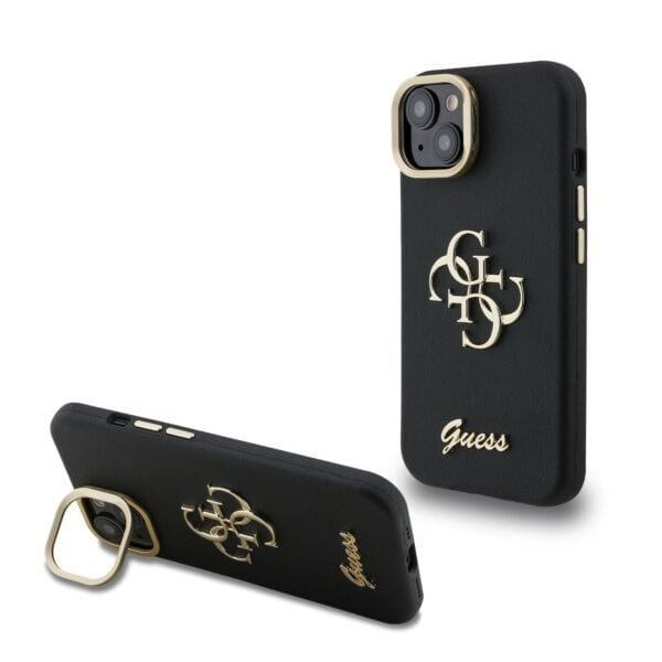 Guess 4G Logo met Camerastand functie iPhone 15 hoesje - Zwart