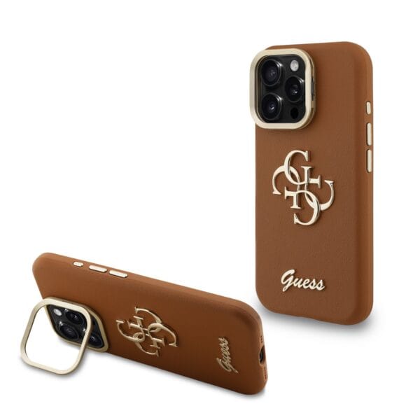 Guess 4G Logo met Camerastand functie iPhone 15 Pro Max hoesje - Bruin