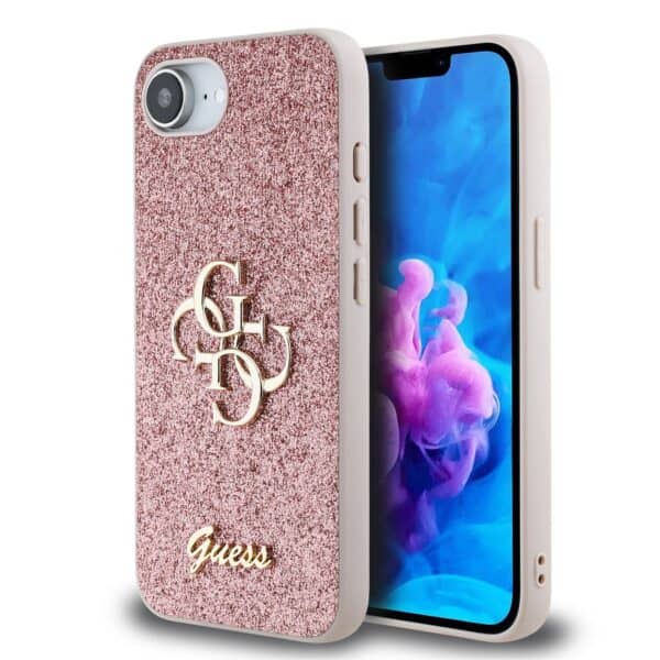 Guess Glitter 4G Metal Logo iPhone 16e hoesje - Roze